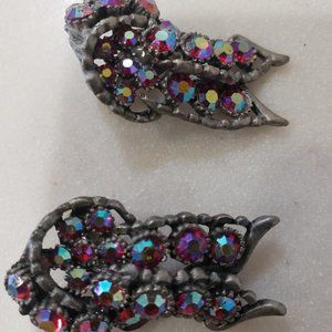 VINTAGE Signed "BSK" Dazzling RED AB Rhinestone Climber Clip On Earrings